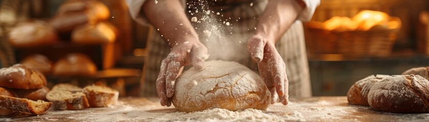 Baker kneading dough in a rustic kitchen. Freshly baked bread and flour on the table, showcasing the art of traditional bread making.