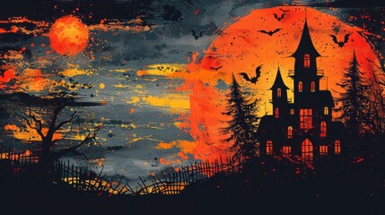 Silhouette of a Haunted House and Bats Against a Blood Moon Night Sky on Halloween.