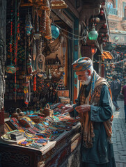 Obraz premium Elderly Man Browsing Colorful Jewelry at a Traditional Market Stall in a Vibrant Bazaar