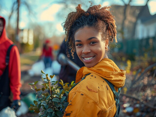 Naklejka premium Young Woman Volunteering in Community Garden, Smiling and Holding Plant, Outdoor Autumn Day