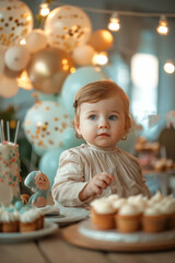 Fototapeta premium Adorable Baby Celebrating First Birthday with Cupcakes and Balloons in Festive Setting