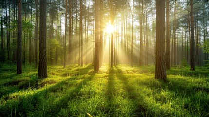Sunlight streaming through a serene forest with tall trees and lush green grass, creating a peaceful and natural landscape.