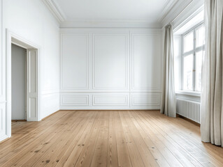 Spacious Empty Room with White Paneled Walls, Wooden Flooring, and Large Windows