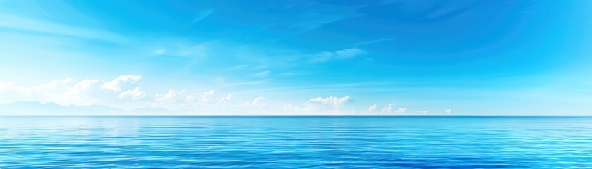 Panoramic view of a serene blue ocean under a clear sky with wispy clouds, capturing the beauty and tranquility of nature.