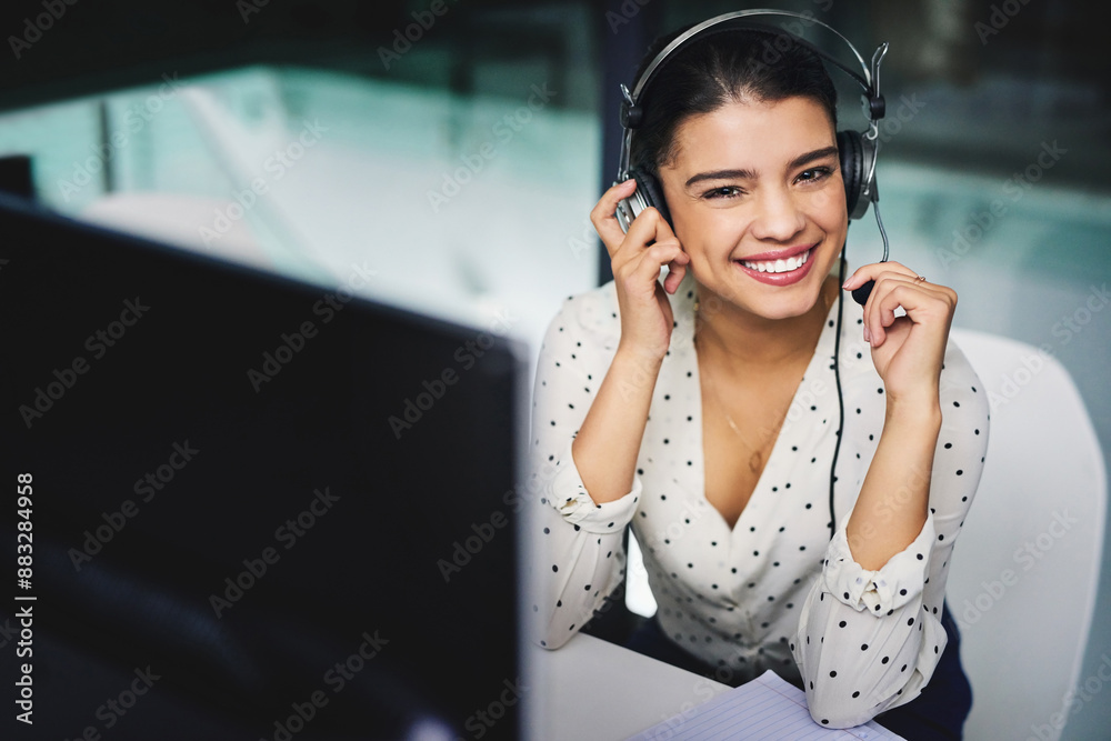 Aufkleber Night, portrait and woman with headset in call center for customer service, advisory and help to client. Happy, agent and smile with mic by computer for IT support, telecom and system troubleshooting