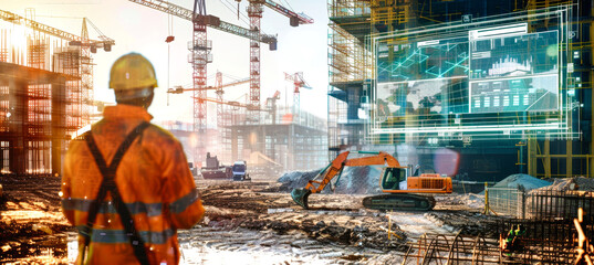 A construction worker looks at a digital screen displaying project plans and progress overlaid on a futuristic construction site