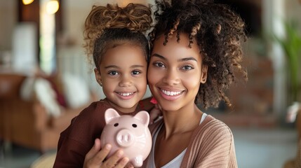 Family Bonding Through Financial Education: Mother and Daughter Cherishing a Pink Piggy Bank Together, Teaching the Values of Saving