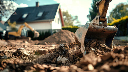 Fototapeta premium A close-up shot of an excavator bucket digging into the dirt. The bucket is filled with dirt and rocks, and the background shows a house under construction