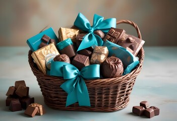 A wicker basket brimming with an assortment of Luxury Chocolates - high detail, Coral & mint green 