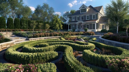 Suburban Colonial home with an intricate garden labyrinth, designed for meditative walks and relaxation