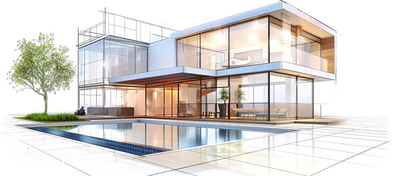 A sketch design of a modern villa with glass facade, showcasing floor-to-ceiling windows overlooking a swimming pool