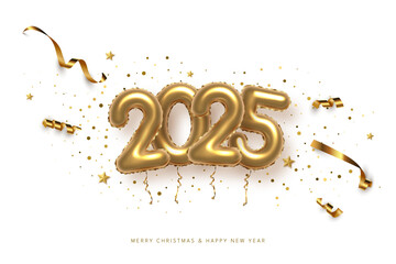 2025 balloon numbers on New Year greeting card vector template. Festive Christmas social media banner design with congratulations. Golden numbers with confetti illustration on black background