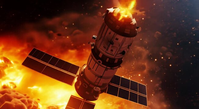 Dramatic scene of a satellite navigating through an explosive meteor shower in space, with intense orange flames and debris.
