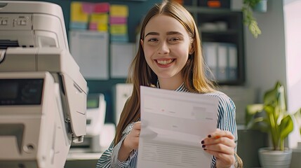 An intern is using a printer to photocopy work in the office. Document and paperwork concept. Secretary work. Copy, print, scan, and fax machine