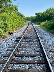 Fototapeta premium Empty railroad tracks through trees in the country
