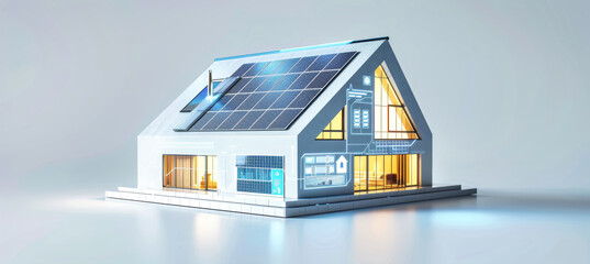 A 3D rendering of a smart home with solar panels and digital diagrams on the house