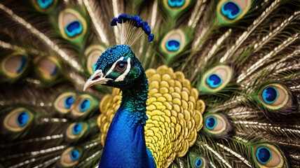A male peacock with the wheel of his tail feathers fanned out during courtship display