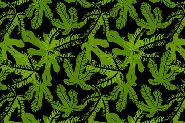 Pattern with green leaves on a black background, seamless vector background, trendy print for printing on fabric and decoration, fig tree leaves.