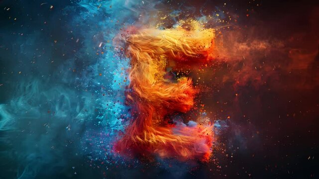 Letter E with colorful cloud art with powder explosion background