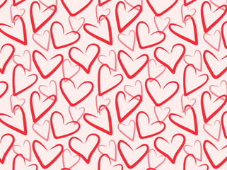 Pattern with hearts, red hearts on a pink background, a symbol of love and Valentine's day, seamless vector background with hearts for decoration and printing