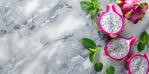 Top view of sliced dragon fruit on marble table trendy flat lay. Concept Food Photography, Flat Lay, Tropical Fruit, Marble Table, Top View