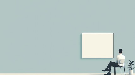 Minimalistic illustration of a person sitting on a chair and contemplating a blank canvas on a blue wall, with a potted plant nearby.