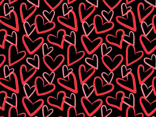 Pattern with hearts, red hearts on a black background, symbol of love and Valentine's day, seamless vector background with hearts painted with lipstick for decoration and printing