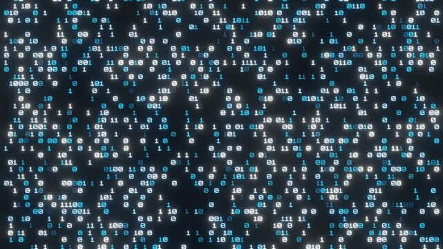 Flashing White and Blue Digits Ascending to Form a Binary Wall - 3D Render