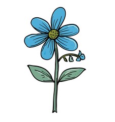 Flower icon in doodle style, simple flat design, blue color with green stem and leaves, white background, vector illustration, professional tshirt print for , digital 