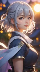Fototapeta premium Serene anime girl with silver hair in ponytail and glowing eyes at sunset with lanterns