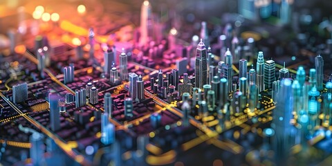 Obraz premium Abstract representation of smart city design with gradient lines and dot points. Concept Smart City Design, Abstract Representation, Gradient Lines, Dot Points