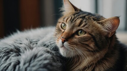 Tabby cat lying on a fluffy blanket indoors, looking intently into the distance with a calm and relaxed demeanor.
