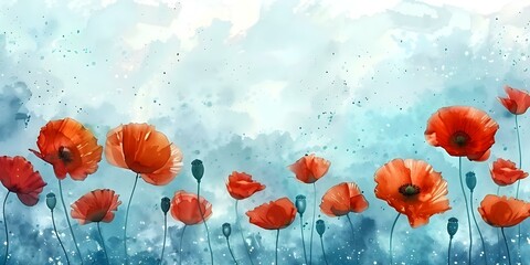 Colorful Watercolor Painting Red Poppies