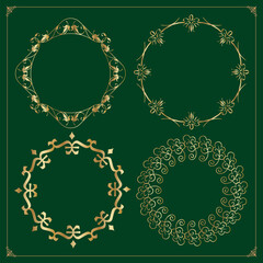 Set of gold vintage circle frames on the green background. Vector illustration.