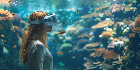 Woman in VR headset exploring underwater world in dreamlike setting. Concept Virtual Reality, Underwater Experience, Dreamlike Setting, Exploration, Woman in VR