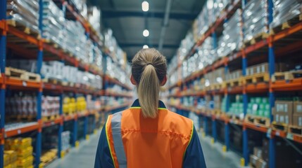 Back view of a logistics coordinator ensuring stock levels in a brightly lit warehouse, [employee, inspection, warehouse, back view]
