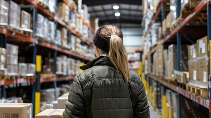 Fototapeta premium Back view of a worker ensuring all packages are correctly labeled in a warehouse, [employee, inspection, warehouse, back view]