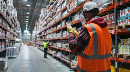Employee in safety gear reviewing product labels on shelves, expansive warehouse backdrop, [employee, inspection, warehouse, back view]