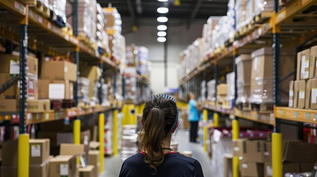 Back view of a worker ensuring all packages are correctly labeled in a warehouse, [employee, inspection, warehouse, back view]