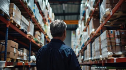 Fototapeta premium Supervisor in a warehouse examining stacked boxes, ensuring compliance with safety standards, [employee, inspection, warehouse, back view]