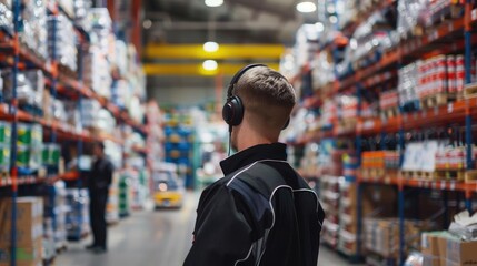 Fototapeta premium Supervisor with a headset coordinating stock inspection in a busy warehouse, [employee, inspection, warehouse, back view]
