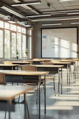 Desks and chairs arranged in a modern classroom with large windows