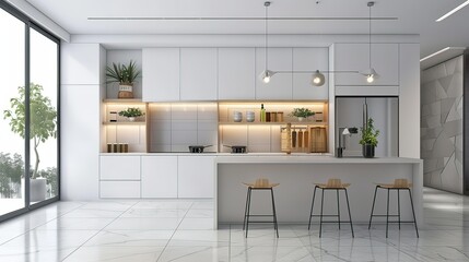 Fototapeta premium Modern Kitchen Interior with Natural Light,Contemporary White Kitchen with Wooden Details 