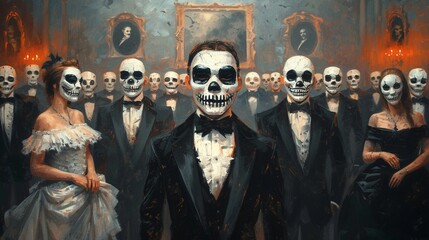 Frightening masquerade ball in a grand hall, dark backdrop with haunted portraits, masked guests with eerie expressions, gothic horror style, oil painting, eerie ambiance
