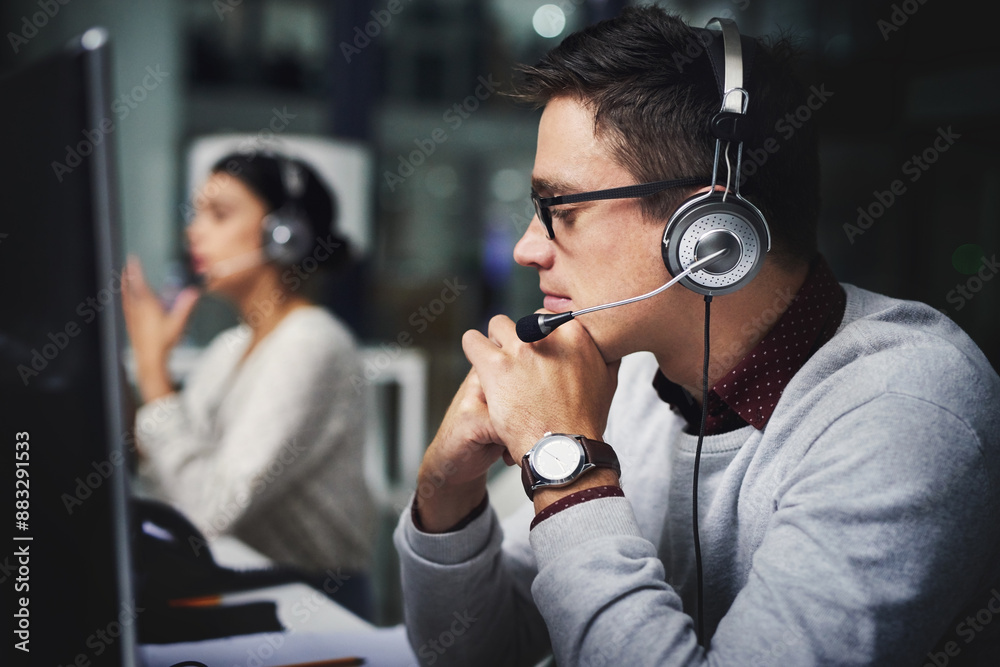 Poster Call center, man and consultant with microphone for customer support with communication and FAQ advice. Telemarketing, agent and telecom service with headphones, contact us and assistance at night
