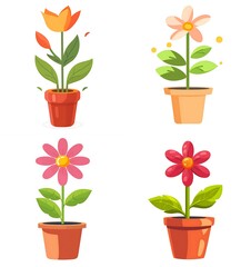 Flower in a pot flat vector icon illustration on a white background, simple design in the style of a cute style, 