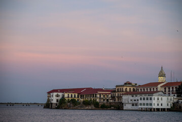 View of Casco Viejo at dusk, the old city centre, Panama City, Panama