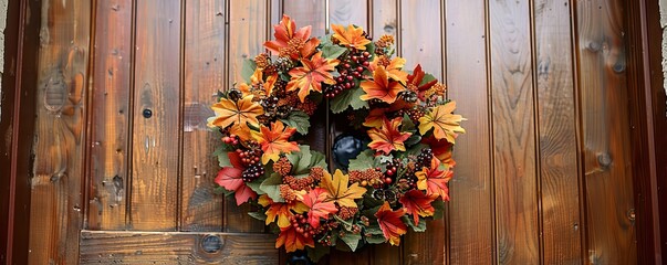 Rustic autumn wreath on a wooden door, symbolizing the welcoming of the fall season