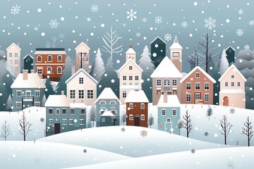Scenic winter village landscape with falling snow, colorful houses, and snowy hills. Perfect for holiday themes and seasonal designs.