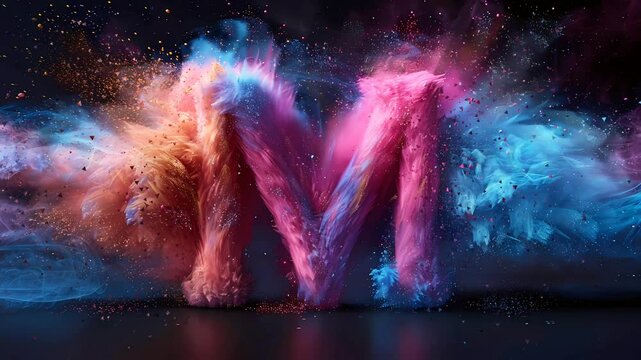 Letter M with colorful cloud art with powder explosion background